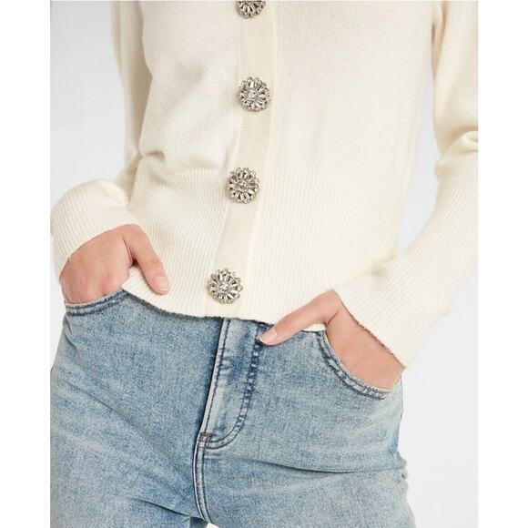 EXPRESS SWAN JEWEL EMBELLISHED FAUX BUTTON PUFF SLEEVE SWEATER SZ XS - Picture 3 of 8